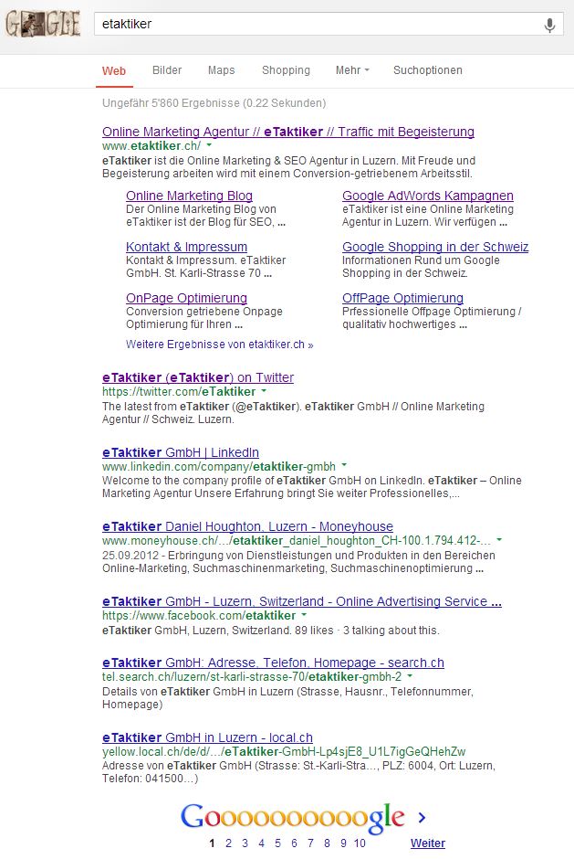 Sechs Sitelinks und 7 Ergebnisse Google SERP